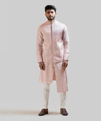 Onion Pink Mirror work Nehru with Onion Pink Pleated Kurta Set 1