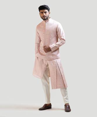 Onion Pink Mirror work Nehru with Onion Pink Pleated Kurta Set 2