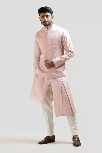Onion Pink Mirror work Nehru with Onion Pink Pleated Kurta Set