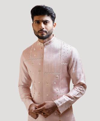 Onion Pink Mirror work Nehru with Onion Pink Pleated Kurta Set 4