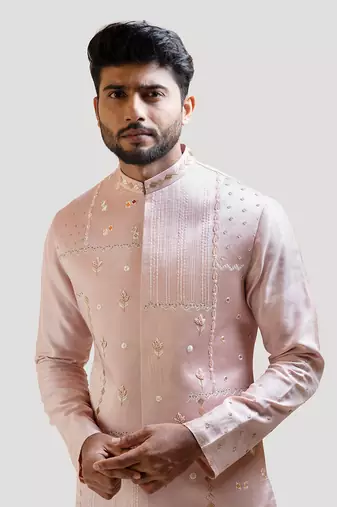 Onion Pink Mirror work Nehru with Onion Pink Pleated Kurta Set