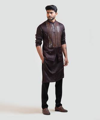 Coco Brown Mirrorwork Nehru with Coco Brown A-Symmetric Embroidered Kurta Set 1