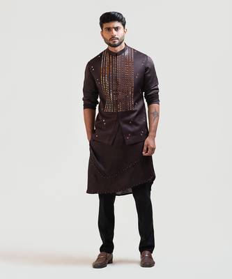 Coco Brown Mirrorwork Nehru with Coco Brown A-Symmetric Embroidered Kurta Set 2