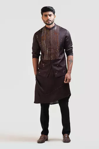 Coco Brown Mirrorwork Nehru with Coco Brown A-Symmetric Embroidered Kurta Set