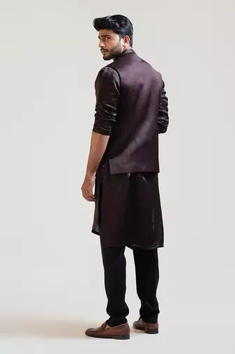 Coco Brown Mirrorwork Nehru with Coco Brown A-Symmetric Embroidered Kurta Set