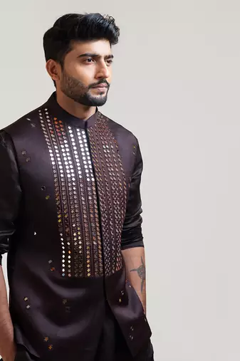Coco Brown Mirrorwork Nehru with Coco Brown A-Symmetric Embroidered Kurta Set
