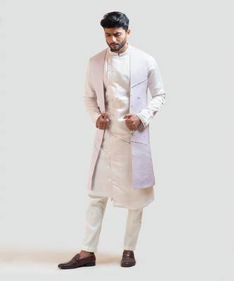Lilac Long Embroidered Nehru with Cream A-Symmetric Mirrorwork Kurta Set 1