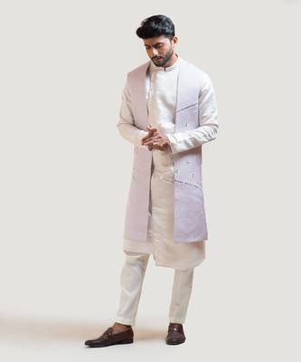 Lilac Long Embroidered Nehru with Cream A-Symmetric Mirrorwork Kurta Set 2