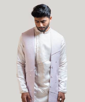 Lilac Long Embroidered Nehru with Cream A-Symmetric Mirrorwork Kurta Set 3