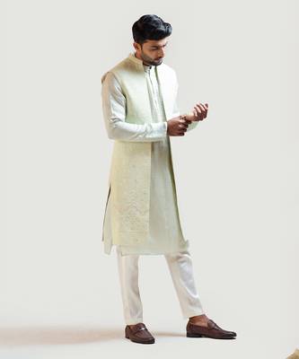 Long mint green chikankari Nehru with Mint Green Embroidered kurta Set 2