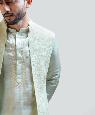 Long mint green chikankari Nehru with Mint Green Embroidered kurta Set 3
