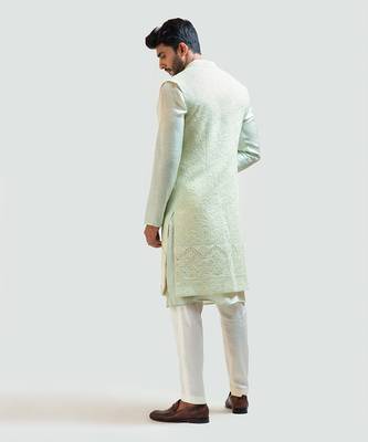 Long mint green chikankari Nehru with Mint Green Embroidered kurta Set 4