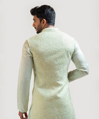 Long mint green chikankari Nehru with Mint Green Embroidered kurta Set 5