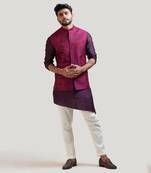 Purple Allover Embroidered Nehru with Purple A-Symmetric Kurta Set