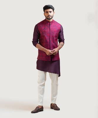 Purple Allover Embroidered Nehru with Purple A-Symmetric Kurta Set 2