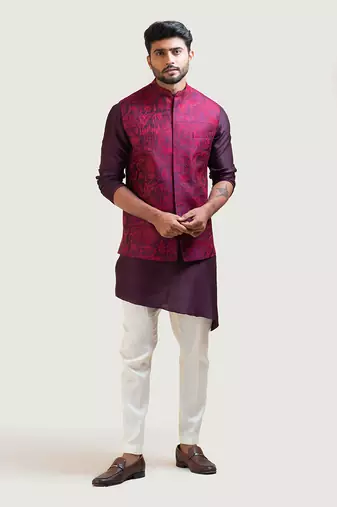 Purple Allover Embroidered Nehru with Purple A-Symmetric Kurta Set