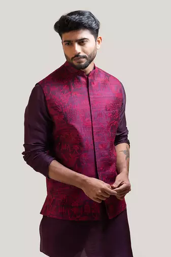 Purple Allover Embroidered Nehru with Purple A-Symmetric Kurta Set