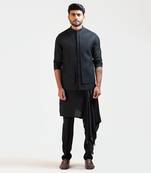 Black Honeycomb Embroidered Double Panel Nehru with Black Long Drape Kurta Set