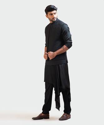 Black Honeycomb Embroidered Double Panel Nehru with Black Long Drape Kurta Set 2