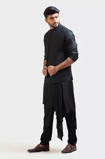 Black Honeycomb Embroidered Double Panel Nehru with Black Long Drape Kurta Set