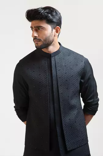 Black Honeycomb Embroidered Double Panel Nehru with Black Long Drape Kurta Set