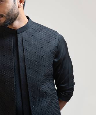 Black Honeycomb Embroidered Double Panel Nehru with Black Long Drape Kurta Set 5