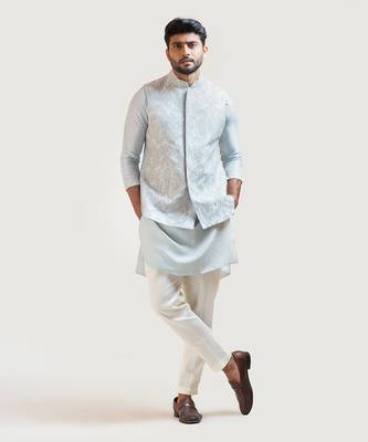 Iceblue silver zariwork Nehru with Ice Blue Straight embroidered Kurta 1