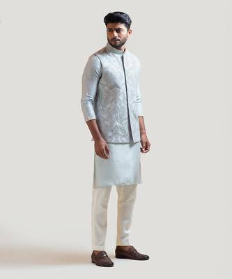 Iceblue silver zariwork Nehru with Ice Blue Straight embroidered Kurta 2