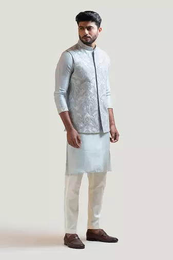 Iceblue silver zariwork Nehru with Ice Blue Straight embroidered Kurta