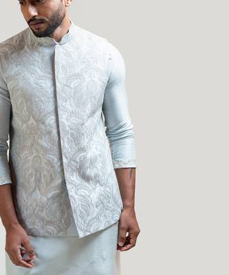 Iceblue silver zariwork Nehru with Ice Blue Straight embroidered Kurta 3