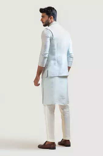 Iceblue silver zariwork Nehru with Ice Blue Straight embroidered Kurta
