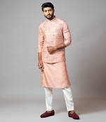 Onion Pink Nehru Jacket And Kurta Set With Hand Embroidery.