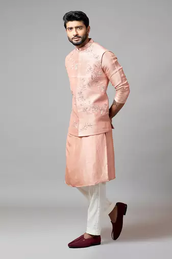 Onion Pink Nehru Jacket And Kurta Set With Hand Embroidery.