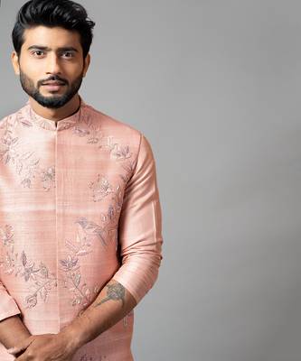 Onion Pink Nehru Jacket And Kurta Set With Hand Embroidery. 3