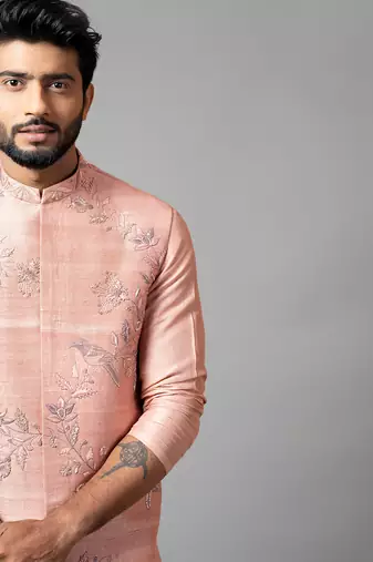 Onion Pink Nehru Jacket And Kurta Set With Hand Embroidery.