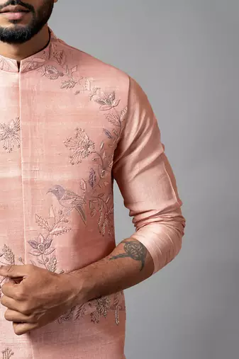 Onion Pink Nehru Jacket And Kurta Set With Hand Embroidery.
