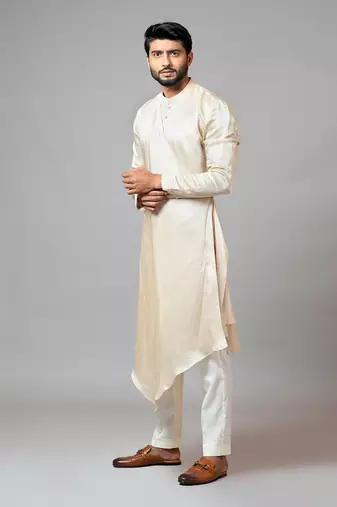 Champagne Drape Kurta With Minimal Embroidery On Sleeves