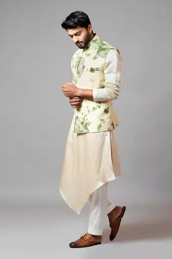 Tie & Dye Kora Nehru With Drape Kurta And Pant Pajama