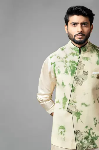 Tie & Dye Kora Nehru With Drape Kurta And Pant Pajama