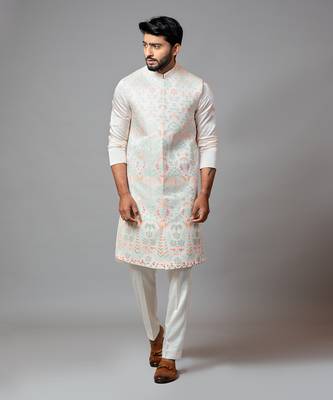 Multicolour Embroidered Long Nehru With Kurta And Pant Pyjama 1