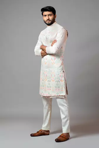 Multicolour Embroidered Long Nehru With Kurta And Pant Pyjama
