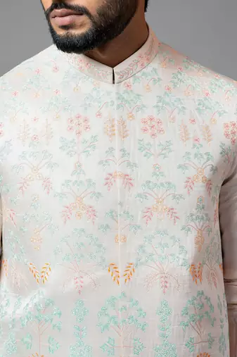 Multicolour Embroidered Long Nehru With Kurta And Pant Pyjama
