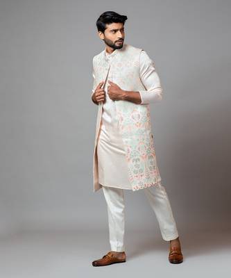 Multicolour Embroidered Long Nehru With Kurta And Pant Pyjama 5