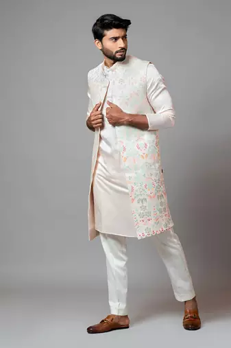 Multicolour Embroidered Long Nehru With Kurta And Pant Pyjama