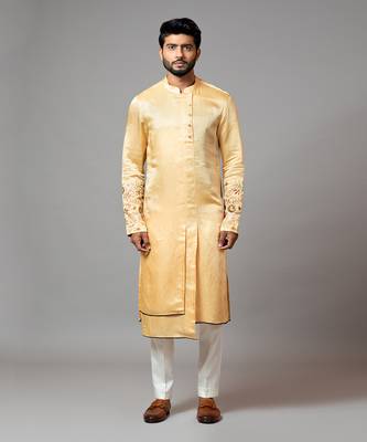 Assymetric Double Panel Kurta With Embroidered Sleeve And Pant Pajama 1