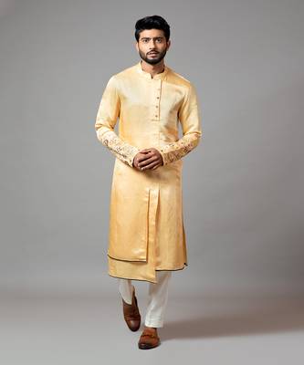 Assymetric Double Panel Kurta With Embroidered Sleeve And Pant Pajama 2