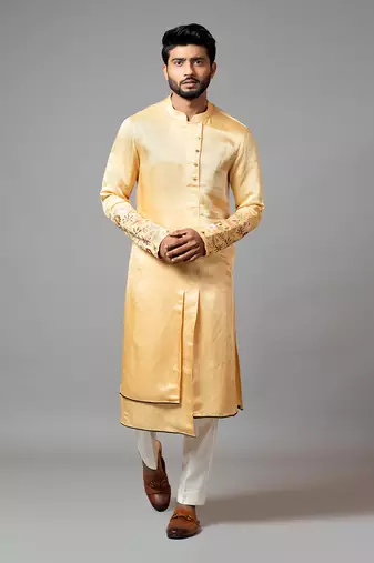 Assymetric Double Panel Kurta With Embroidered Sleeve And Pant Pajama