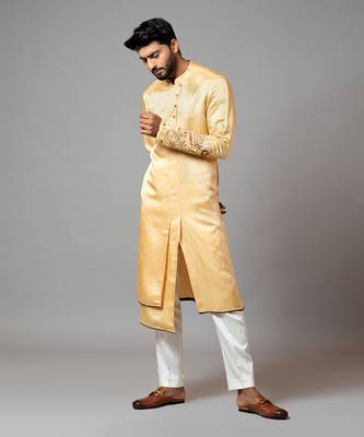 Assymetric Double Panel Kurta With Embroidered Sleeve And Pant Pajama 3
