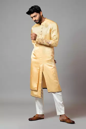 Assymetric Double Panel Kurta With Embroidered Sleeve And Pant Pajama