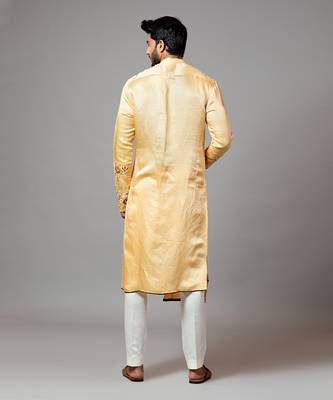 Assymetric Double Panel Kurta With Embroidered Sleeve And Pant Pajama 4